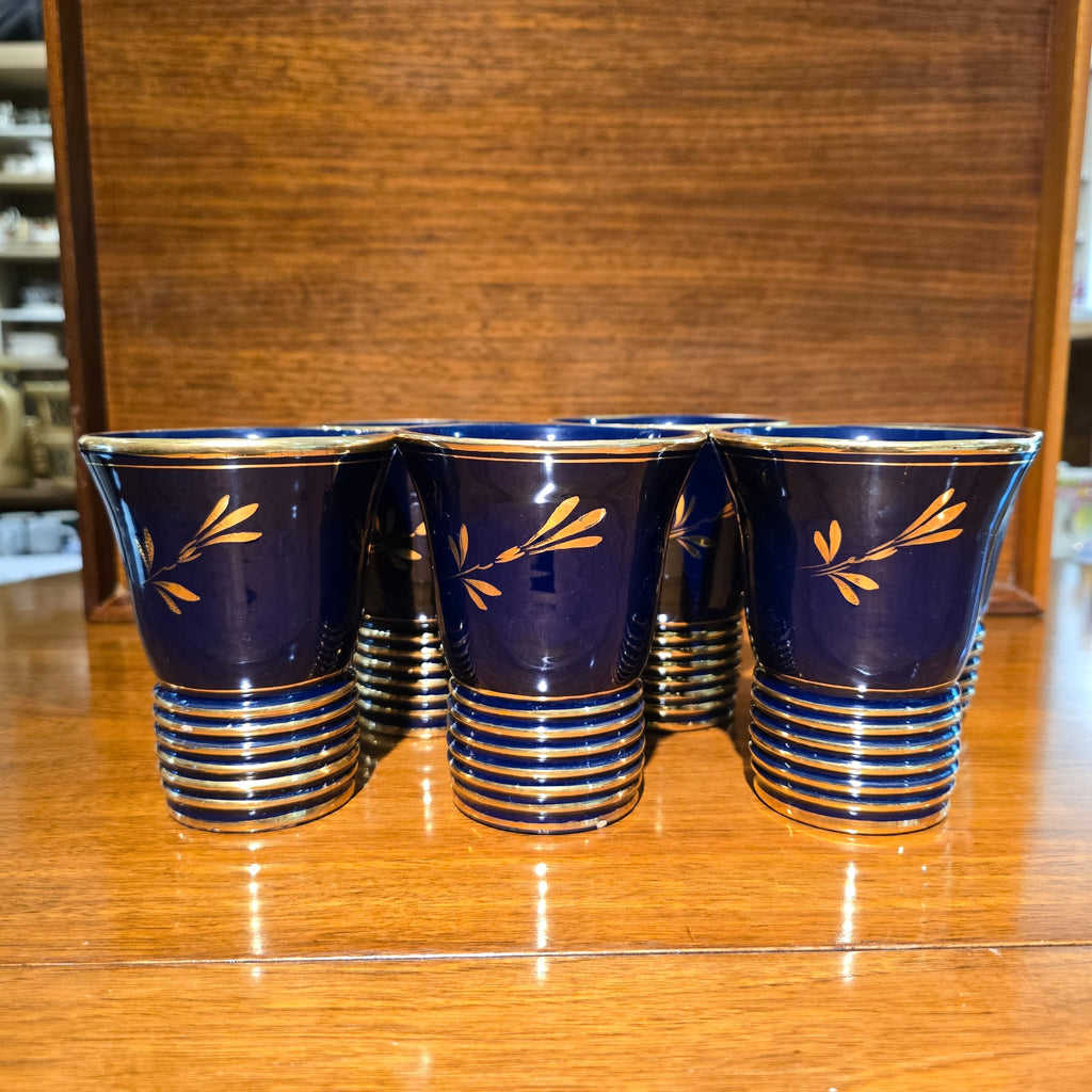 Vintage Mid-Century Cobalt Blue & Gold Ribbed Porcelain Liqueur Cups (c. 1950-1970)
