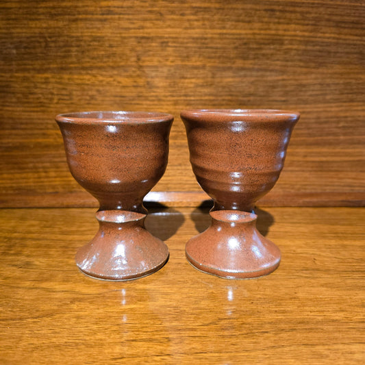 Vintage Studio Pottery Egg Cups – Hand-Thrown Terracotta Rust Glazed Pedestal Stoneware (c. 1960-1980)