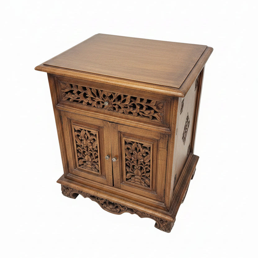 Vintage Hand-Carved Teak Bedside Cabinet – Peranakan Style Pierced Wood Side Cupboard (c. 1950-1970)