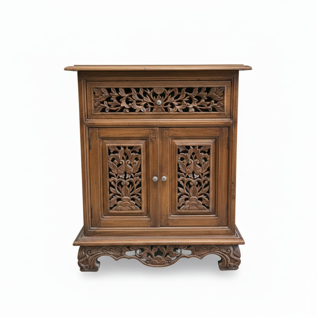 Vintage Hand-Carved Teak Bedside Cabinet – Peranakan Style Pierced Wood Side Cupboard (c. 1950-1970)
