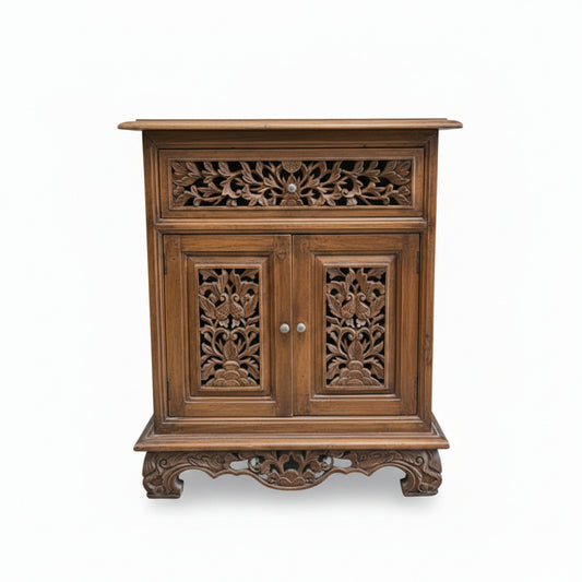 Vintage Hand-Carved Teak Bedside Cabinet – Peranakan Style Pierced Wood Side Cupboard (c. 1950-1970)