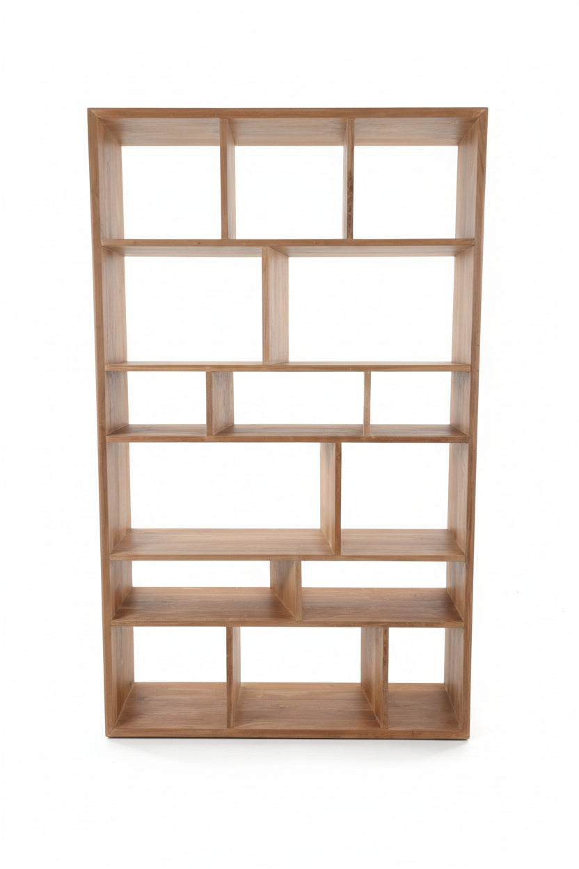 Vintage Solid Teak Geometric Bookcase – Heavy Architectural Open-Back Display Étagère (c. 1980-2000)