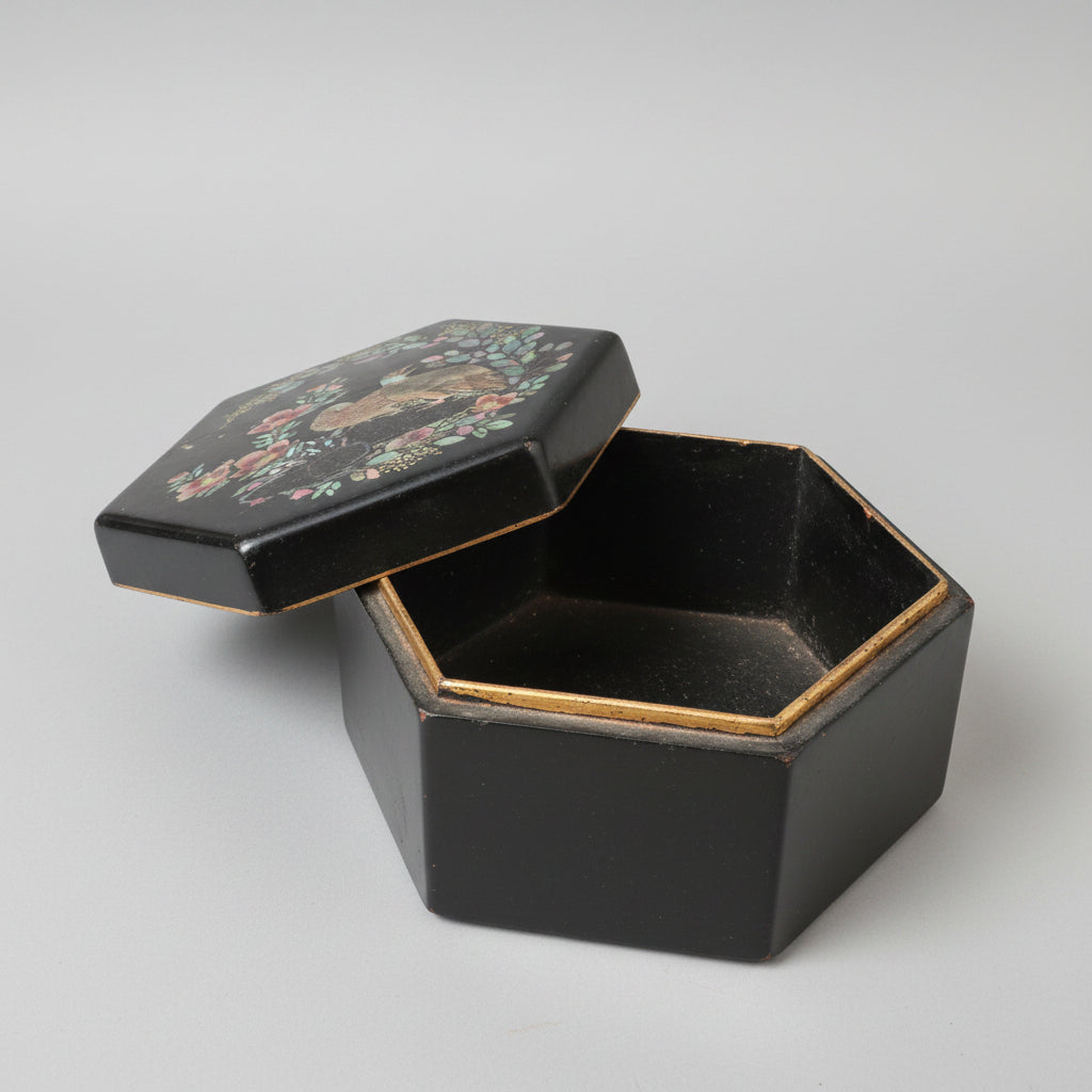Vintage Black Lacquer Hexagonal Jewelry Box – Mother-of-Pearl Bird & Floral Inlay (c. 1950-1970)