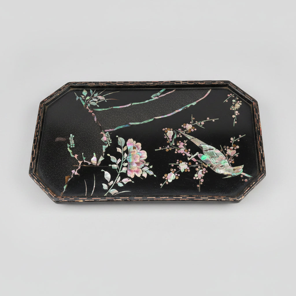 Vintage Black Lacquer Octagonal Serving Tray – Mother-of-Pearl Bird & Floral Inlay (c. 1950-1970)