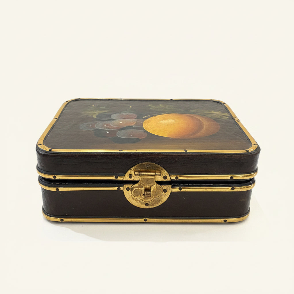Vintage Hand-Painted Lacquerware Jewelry Box - Still Life Fruit Motif & Brass Trim (c. 1960-1970)