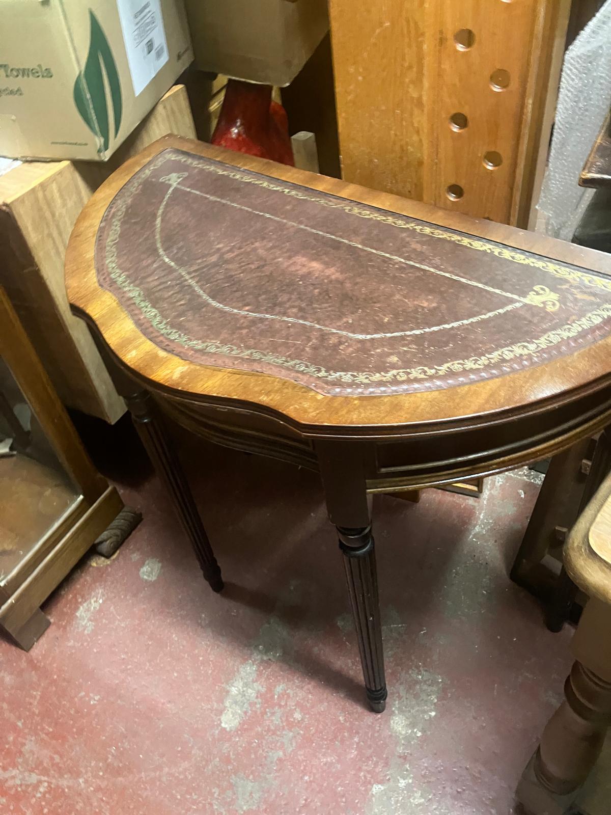 English Regency-Style Demi-Lune (Half-Moon) Console Table with Gold-Tooled Leather Top, circa 1880s–1920s