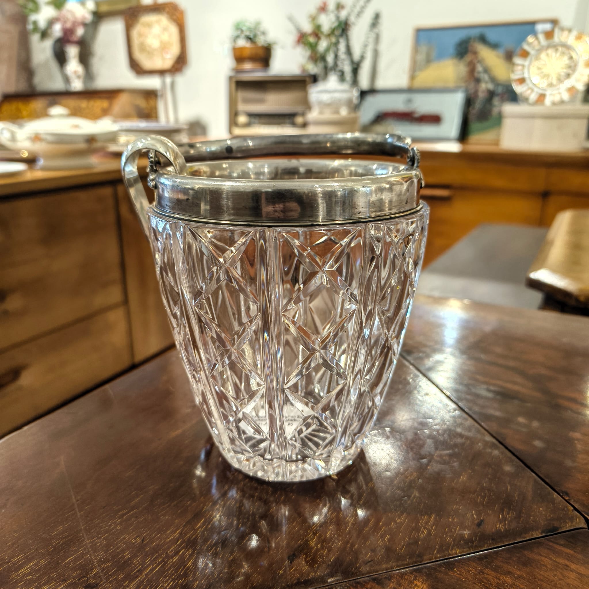 Vintage Crystal Ice Bucket with Silverplated Rim