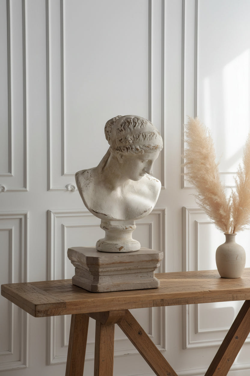 An antique-style plaster bust sculpture of a woman's head and upper torso, mounted on a pedestal, displayed indoors against a white paneled wall with pampas grass.