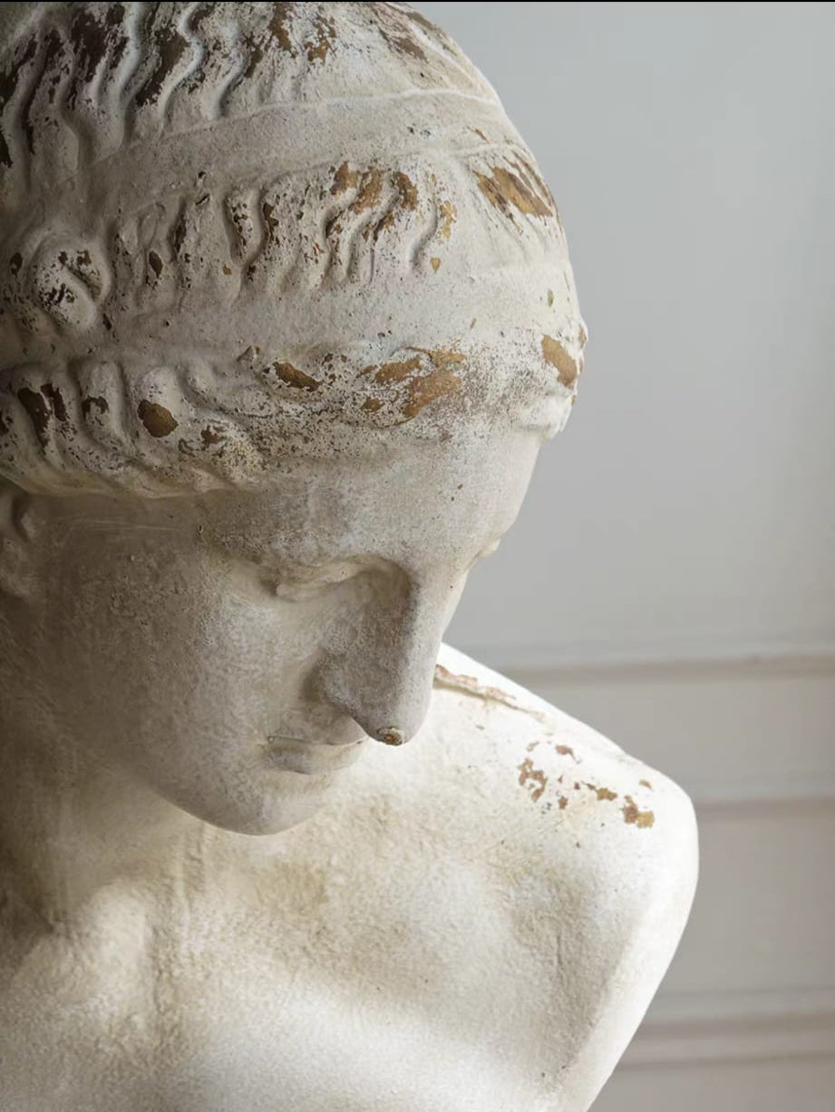 A close-up of a classical-style stone bust sculpture in off-white with weathered brown discoloration, shown against a light neutral background.