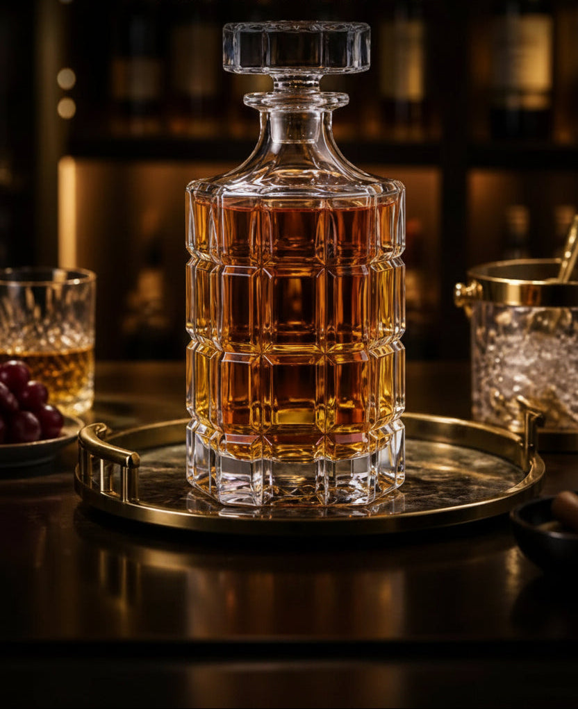 A clear glass whiskey decanter with a stopper, filled with amber liquor, displayed on a tray in a dimly lit bar setting. Chinese text appears above, and two small circular insets at the bottom show the decanter empty and with liquid.