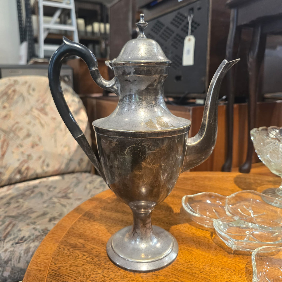 Antique Silver Plated Coffee Pot with Domed Lid, Pedestal Base & Scroll Handle – c.1880–1920