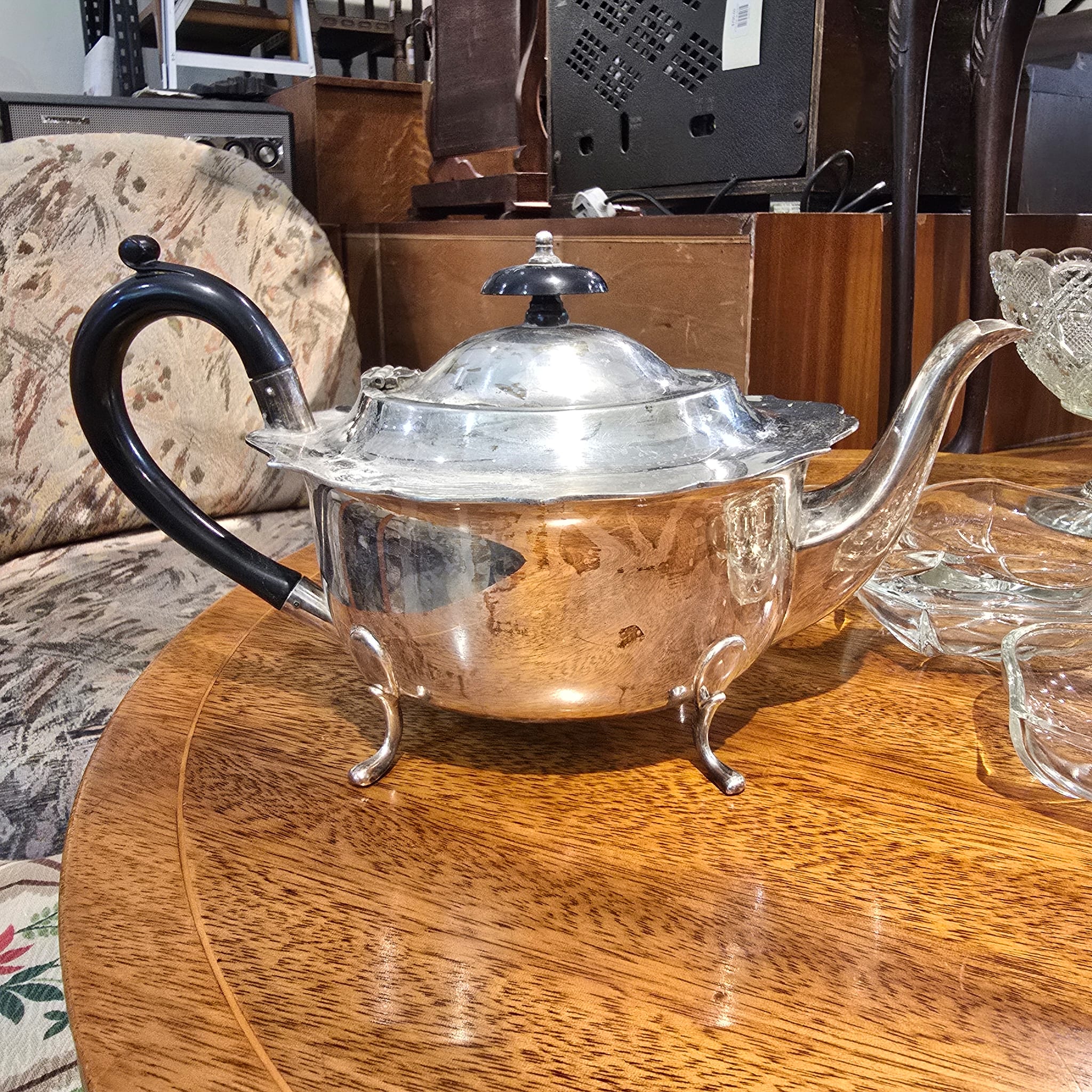 Antique Regency Silver Plated Teapot – Lobed Body, Four Scroll Feet & Ebonised Handle, c.1820–1860