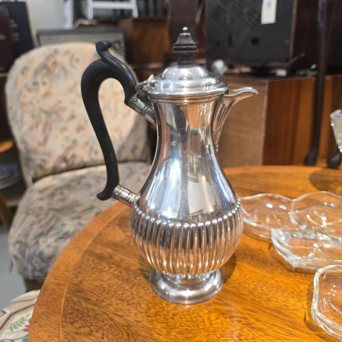 Antique Victorian Silver Plated Hot Water Jug – Half Fluted Body, Beaded Border & Ebonised Handle, c.1870–1900