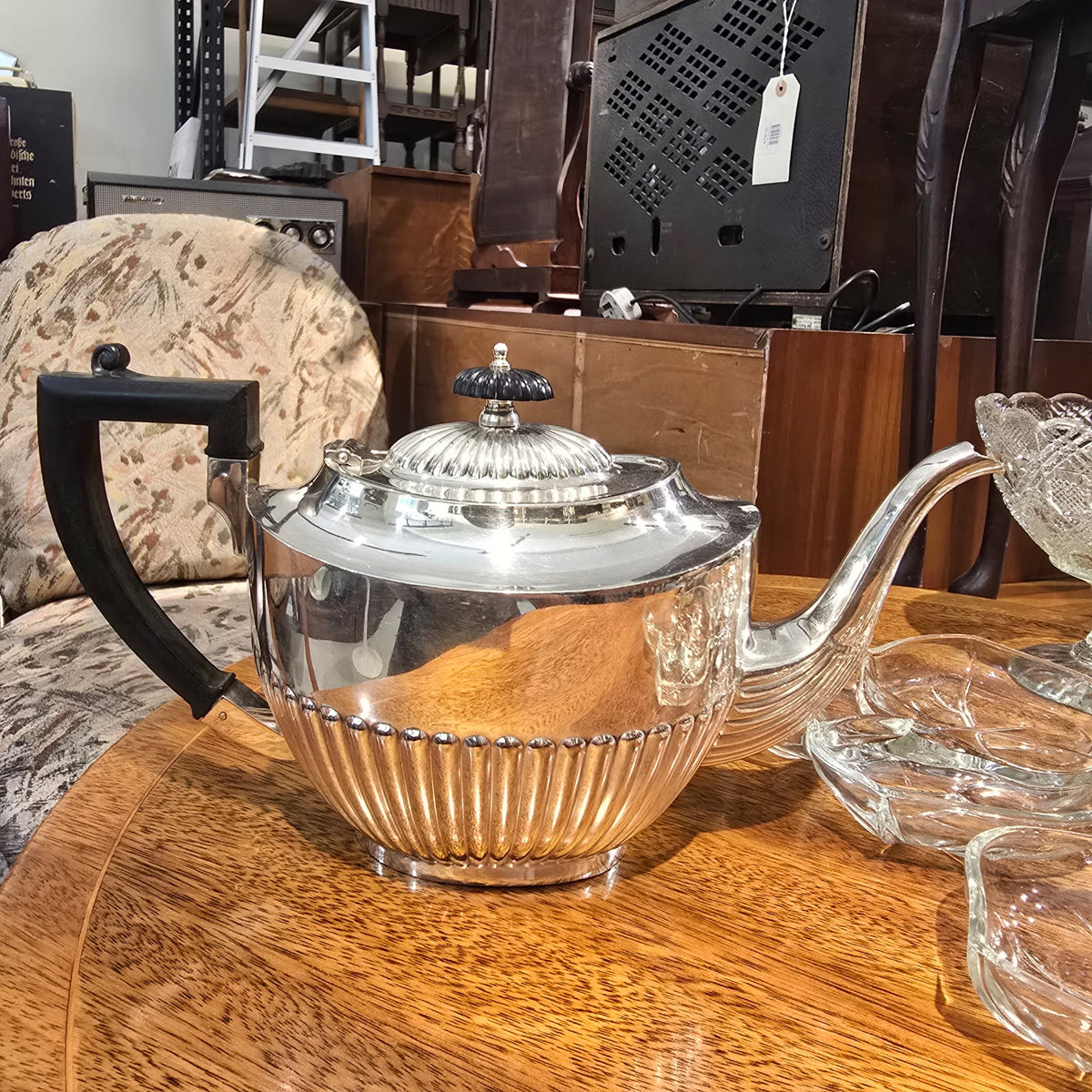 Antique Victorian Silver Plated Teapot – Half Fluted Body, Beaded Border & Ebonised Handle, c.1870–1900