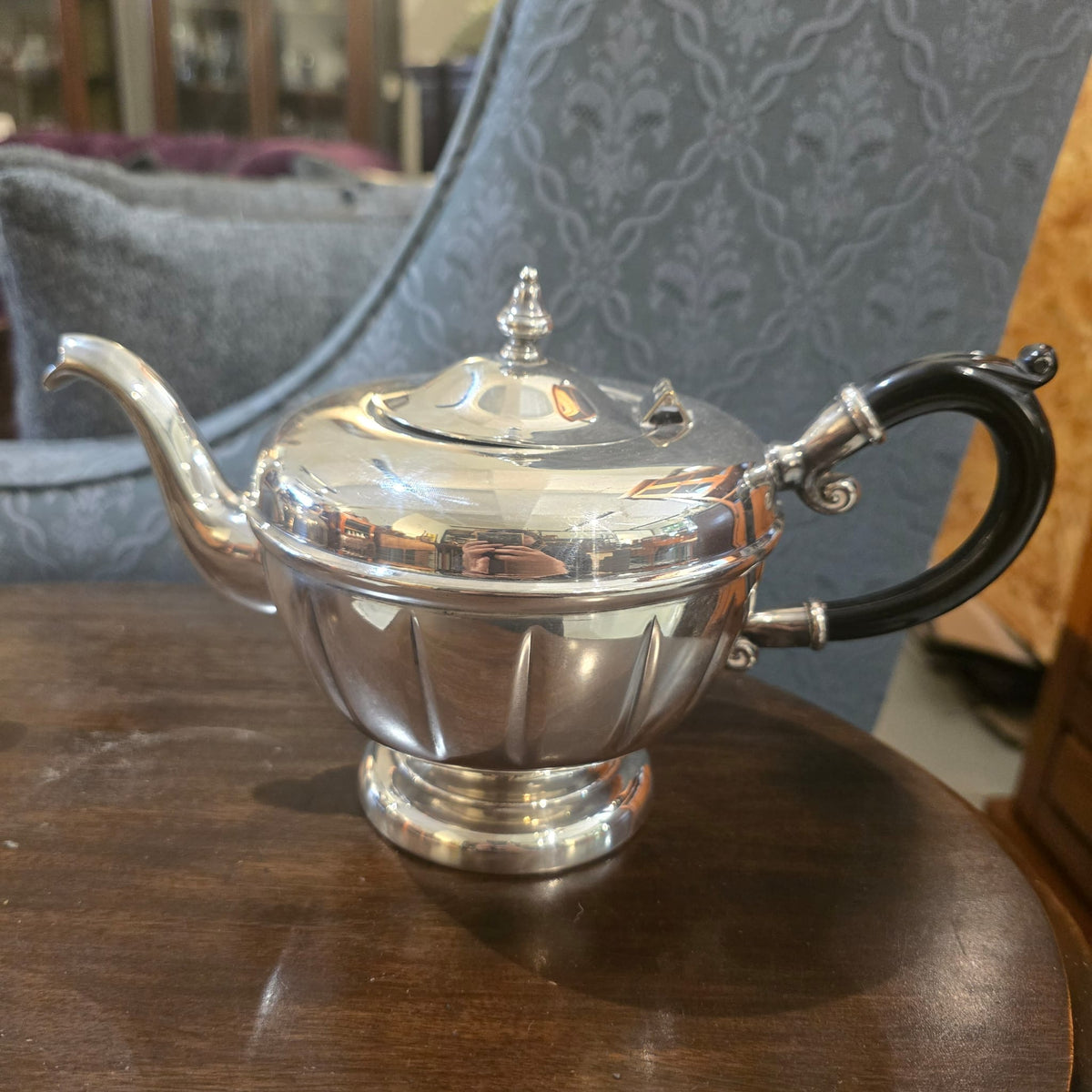 Antique Regency Silver Plated Teapot – Gadrooned Lobed Body, Pedestal Foot & Ebonised Handle, c.1820–1850