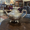 Antique Early Victorian Silver Plated Teapot – Heavily Embossed Floral Body, Rococo Scroll Feet & Handle, c.1840–1870