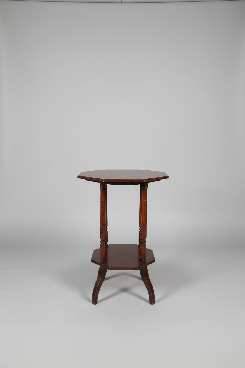 Antique Edwardian Two-Tier Octagonal Occasional Table – Sunburst Walnut Veneer Top & Turned Column Supports, c.1900–1910