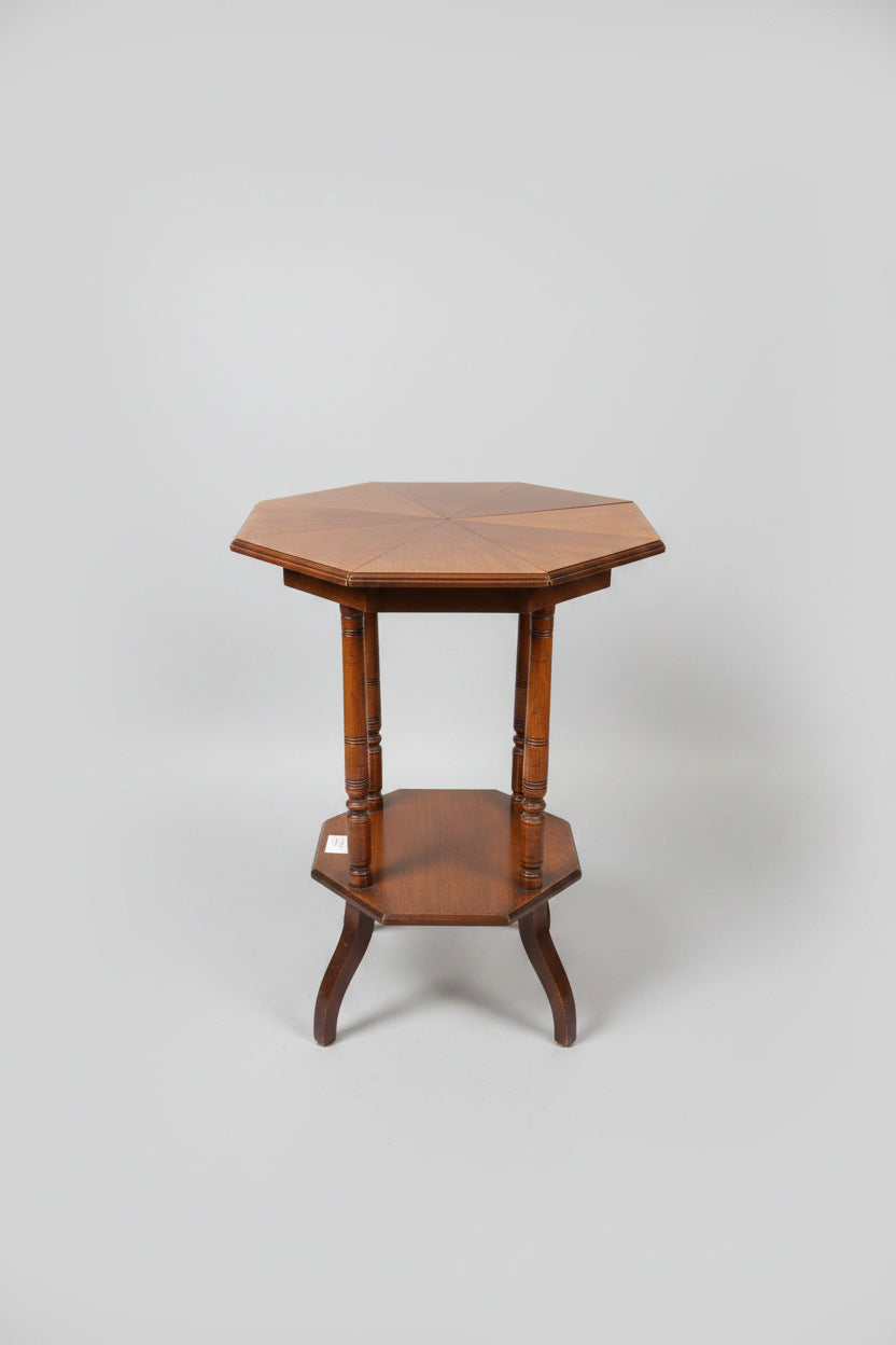 Antique Edwardian Two-Tier Octagonal Occasional Table – Sunburst Walnut Veneer Top & Turned Column Supports, c.1900–1910