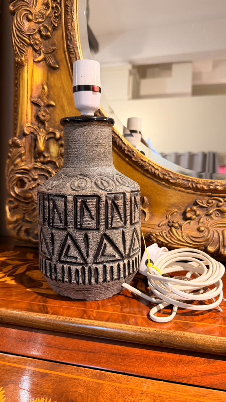 Vintage Mid-Century Sculptural Textured Ceramic Table Lamp with Geometric Relief