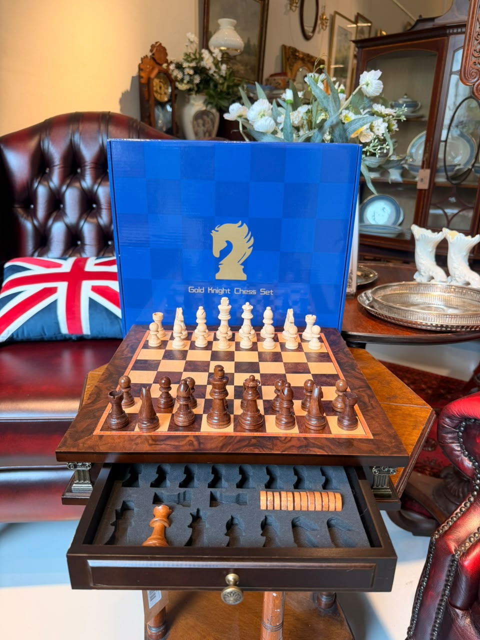 Gold Knight Deluxe Wooden Chess Set with Integrated Drawer | New in Box