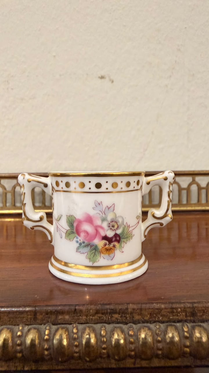 Royal Crown Derby Miniature Floral Twin-Handled Cup with Gold Detailing