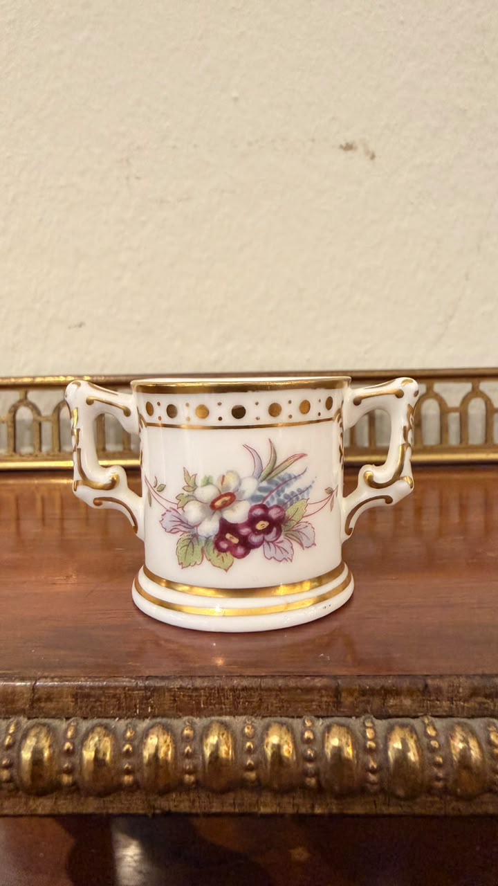 Royal Crown Derby Miniature Floral Twin-Handled Cup with Gold Detailing