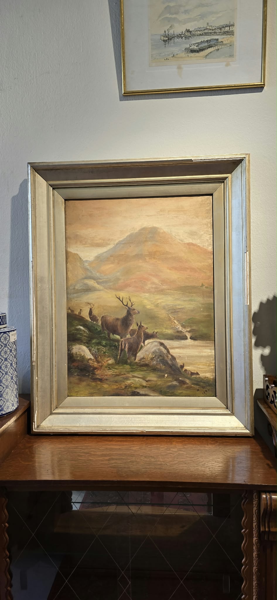 Antique Scottish Highlands Landscape Oil Painting with Red Deer (Monogrammed M.H., Dated 1901)