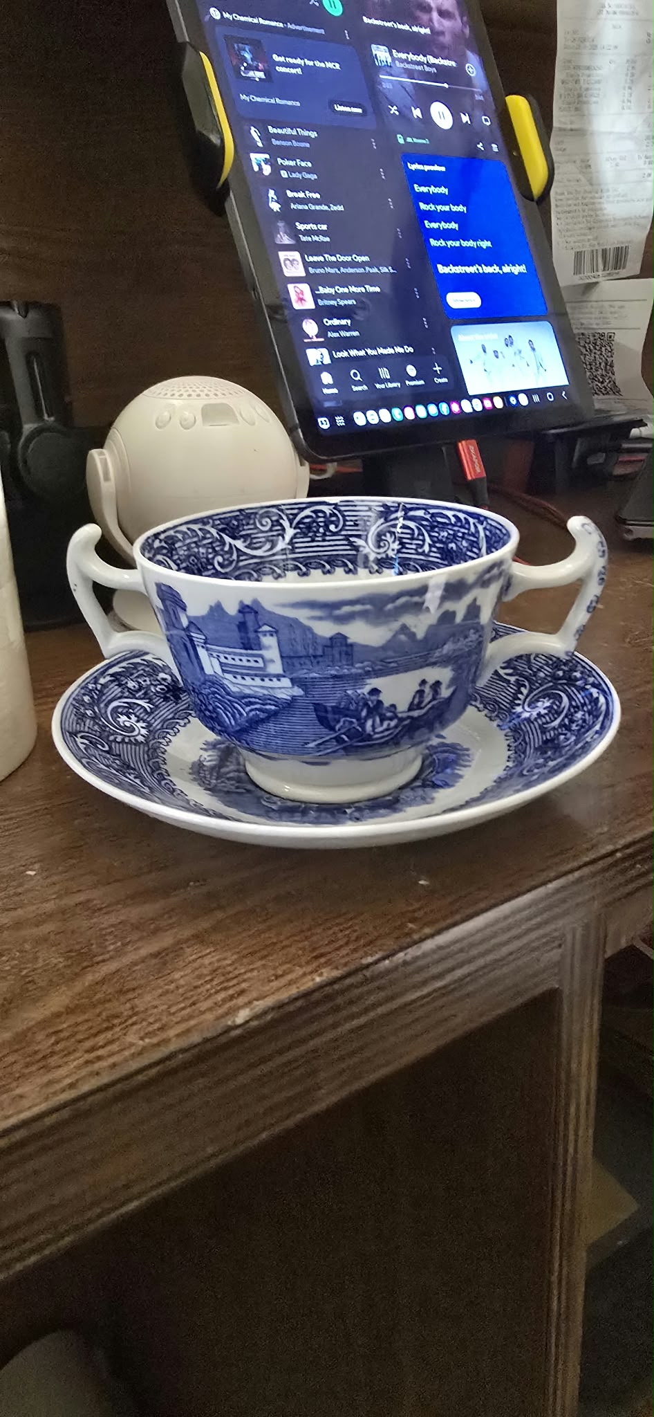 Cauldon Ltd Blue Transferware Two-Handled Cup & Saucer, Brown-Westhead Moore & Co, circa 1904-1920