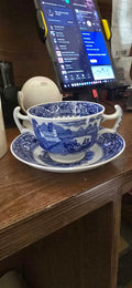 Cauldon Ltd Blue Transferware Two-Handled Cup & Saucer, Brown-Westhead Moore & Co, circa 1904-1920