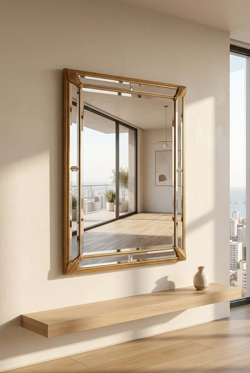 Rectangular Wall Mirror with Mirrored Border & Gold-Tone Corner Details