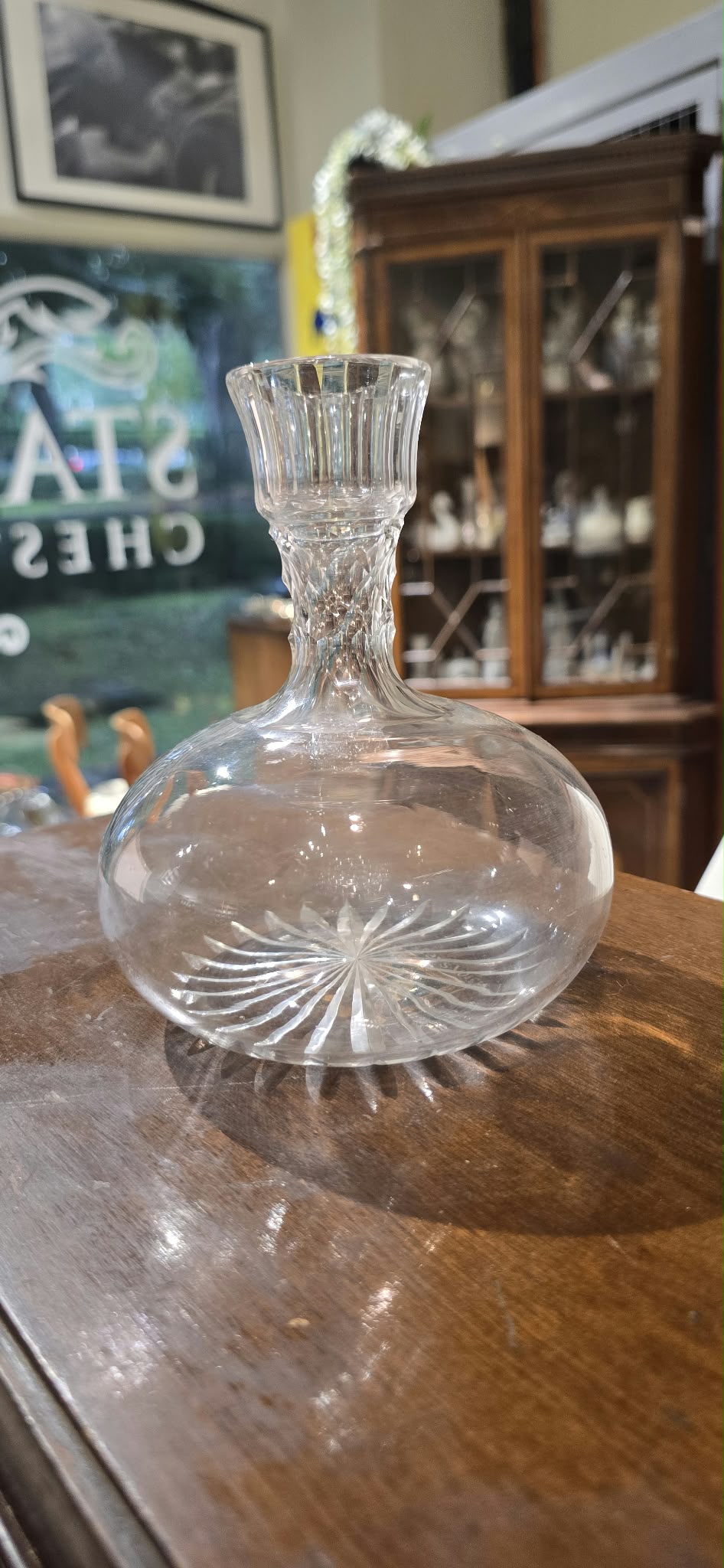 Clear Glass Carafe with Diamond-Pattern Neck and Flared Rim