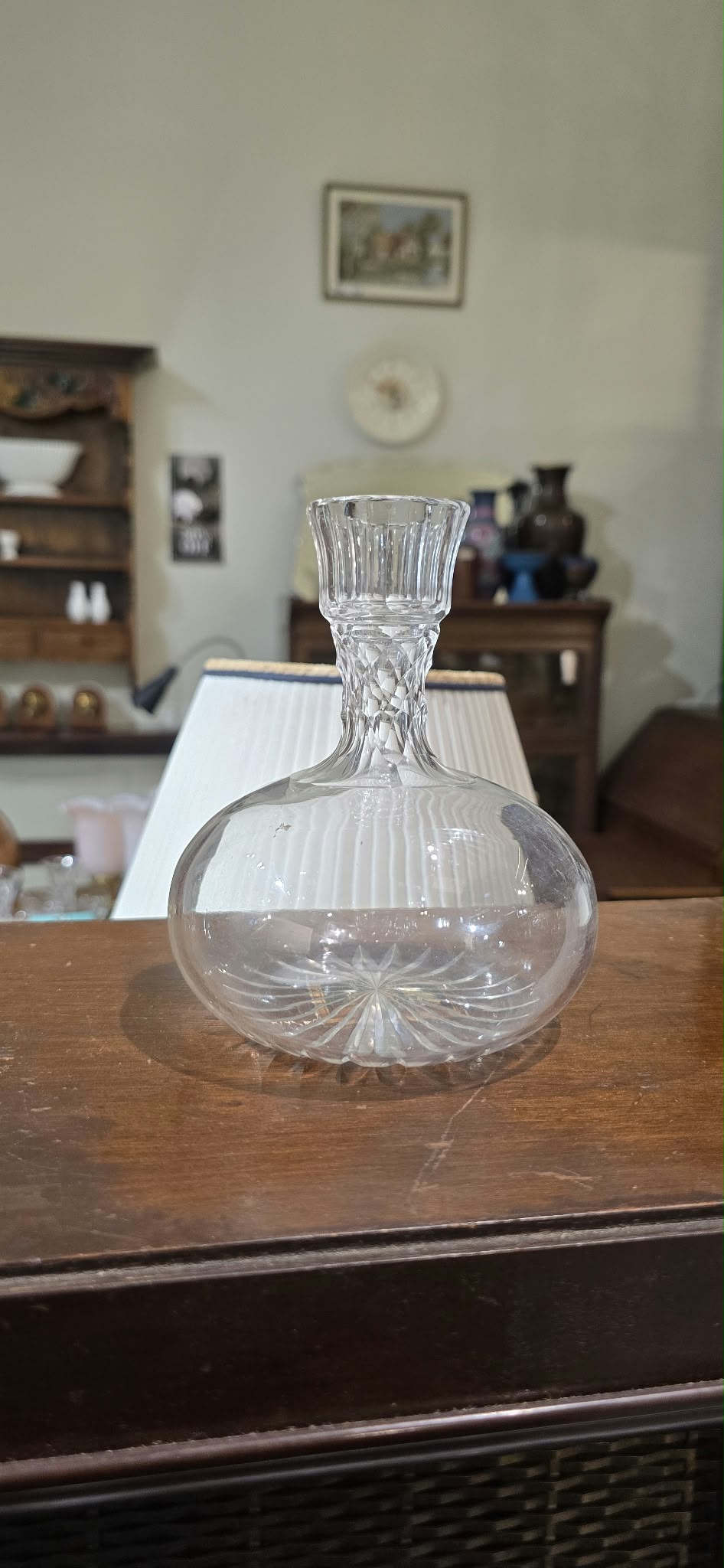 Clear Glass Carafe with Diamond-Pattern Neck and Flared Rim
