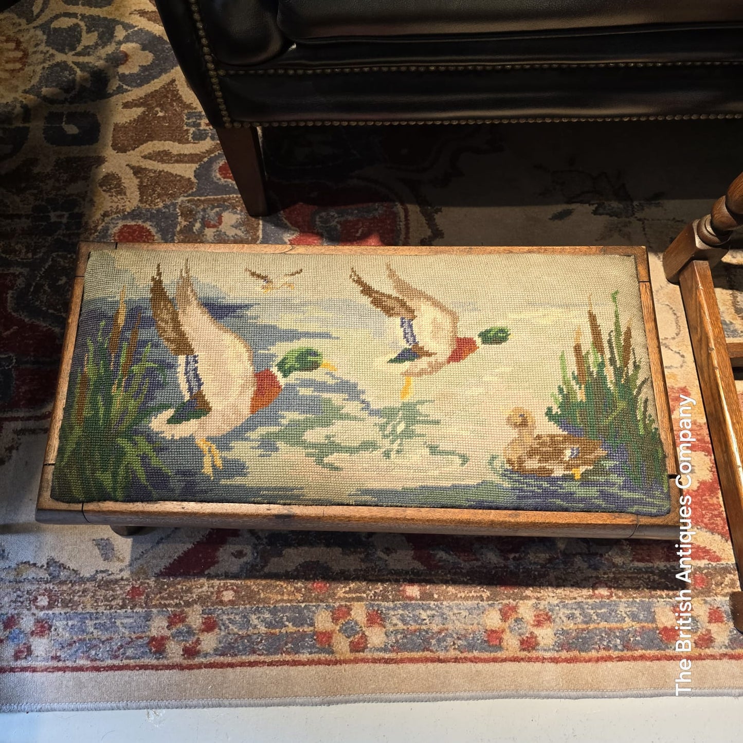 Vintage English Oak Long Footstool with Mallard Duck Needlepoint
