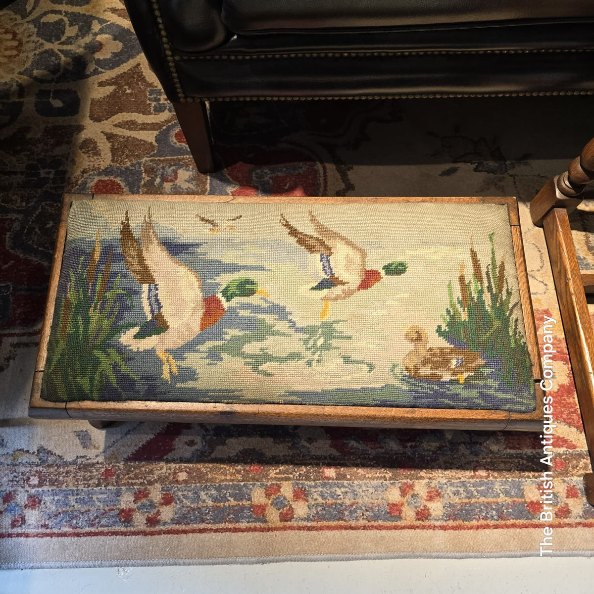 Vintage English Oak Long Footstool with Mallard Duck Needlepoint