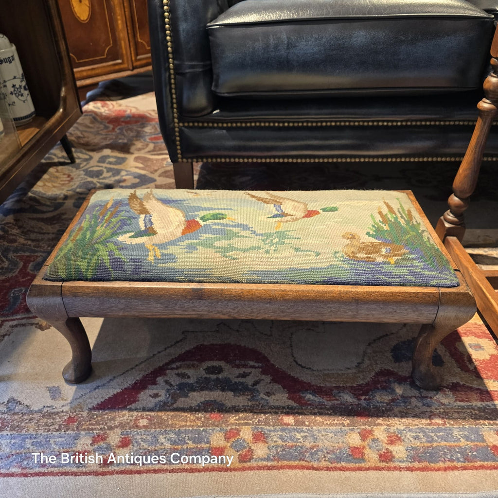 Vintage English Oak Long Footstool with Mallard Duck Needlepoint