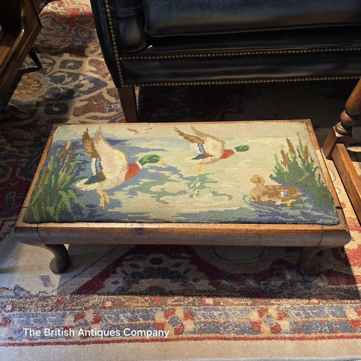 Vintage English Oak Long Footstool with Mallard Duck Needlepoint