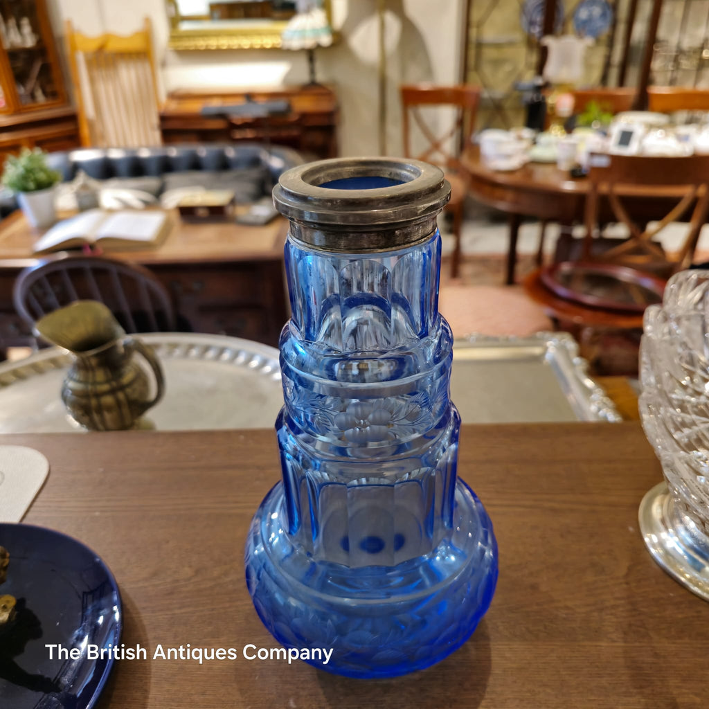 Vintage Tiered Cobalt Blue Floral Glass Bottle with Silver Plated Rim