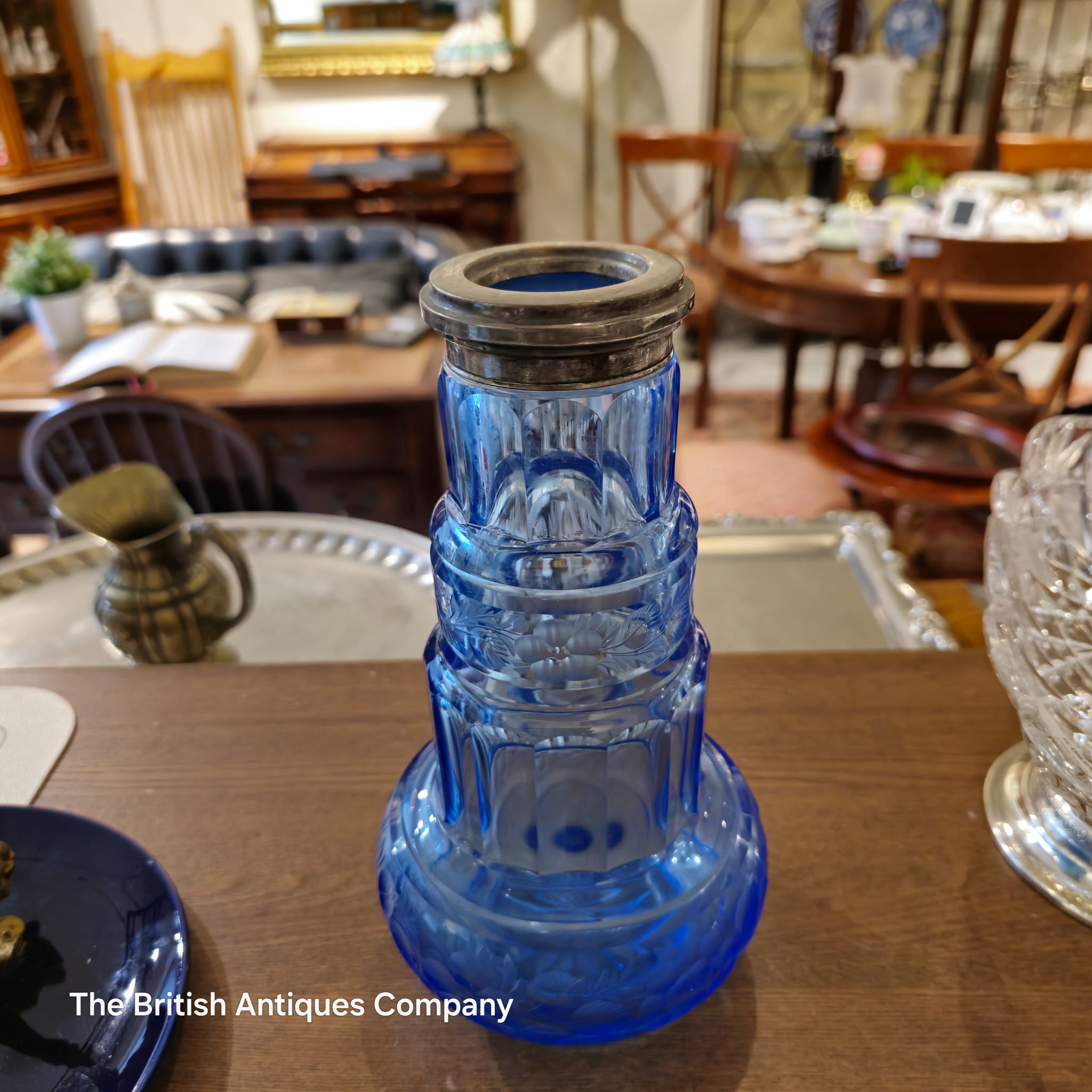 Vintage Tiered Cobalt Blue Floral Glass Bottle with Silver Plated Rim