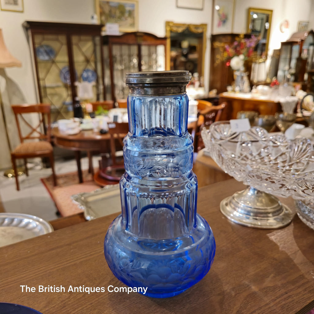 Vintage Tiered Cobalt Blue Floral Glass Bottle with Silver Plated Rim