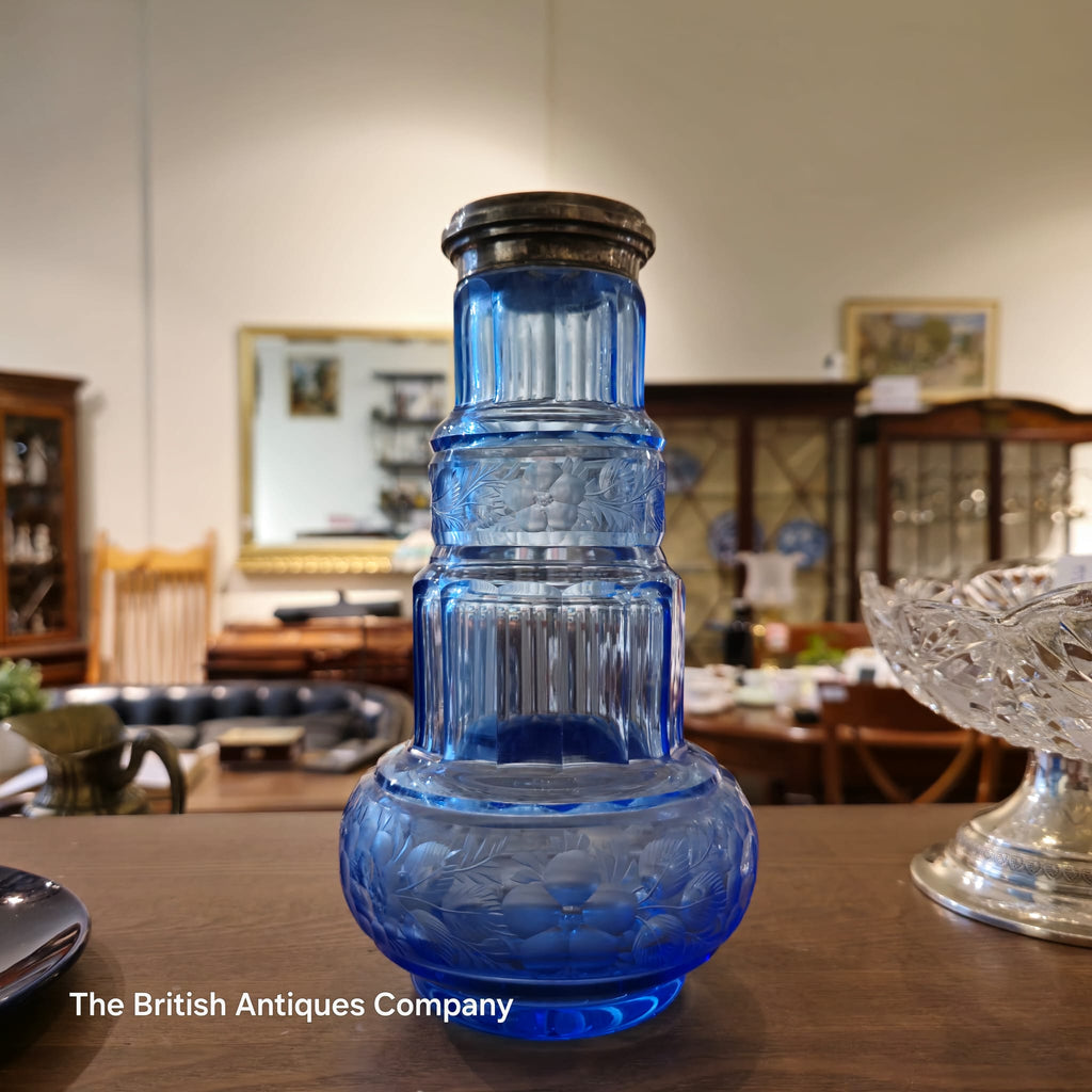 Vintage Tiered Cobalt Blue Floral Glass Bottle with Silver Plated Rim