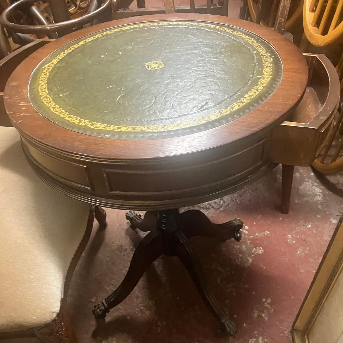 NEW ARRIVAL-Regency Mahogany Drum Table with Green Gold-Tooled Leather Top, c.1820