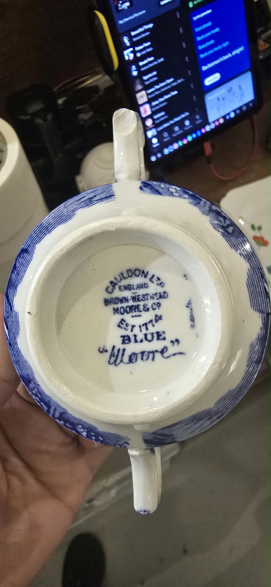 Cauldon Ltd Blue Transferware Two-Handled Cup & Saucer, Brown-Westhead Moore & Co, circa 1904-1920