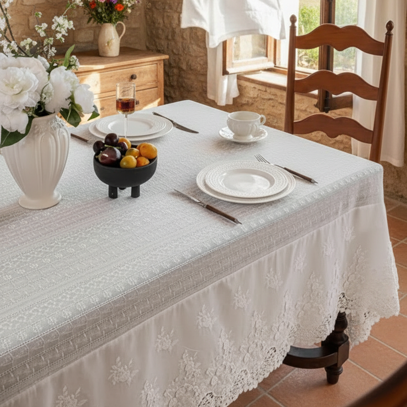 A white lace tablecloth with a scalloped edge and embroidered floral pattern draped over a wooden dining table set with white plates, silver cutlery, a small flora fruit bowl, and a vase of pink flowers in a warm, sunlit dining room.