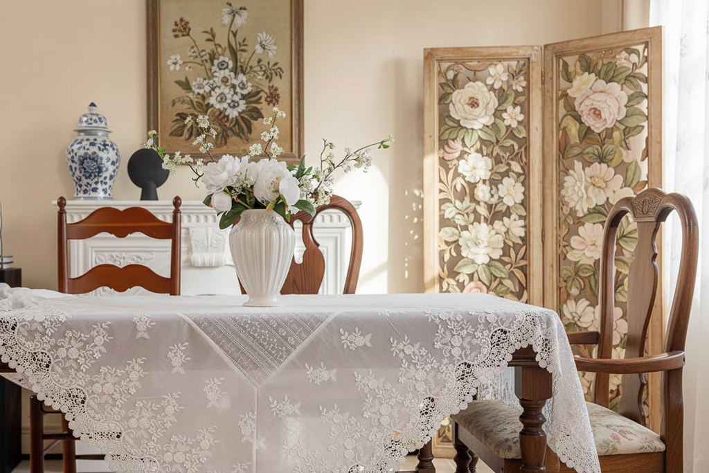 Whimsical French cottage style lace cotton table cloth