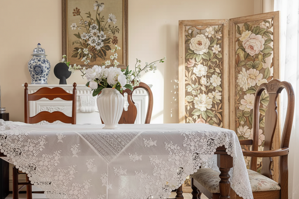 Whimsical French cottage style lace cotton table cloth