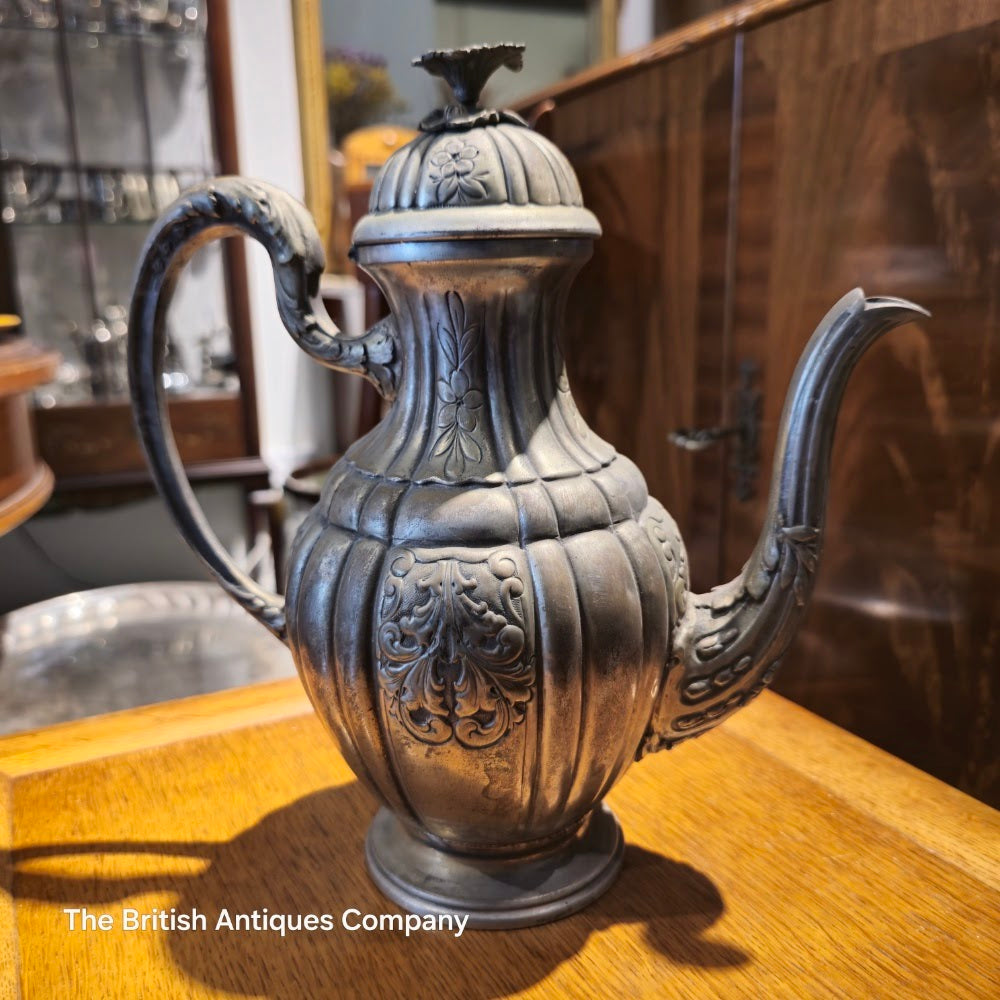 Antique Rococo-Style Silver-Plated Coffee Pot with Floral Repoussé Details