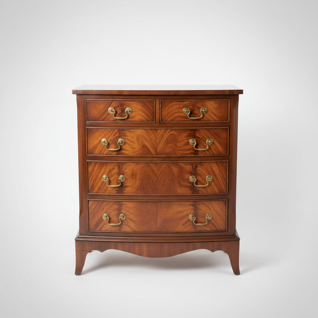 [Pre-Order] Georgian style, quality, small bowfron chest of drawers raised on splay bracket feet.