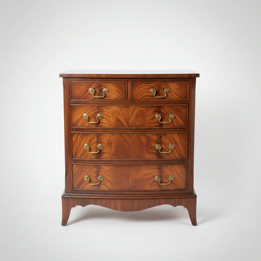 [Pre-Order] Georgian style, quality, small bowfron chest of drawers raised on splay bracket feet.