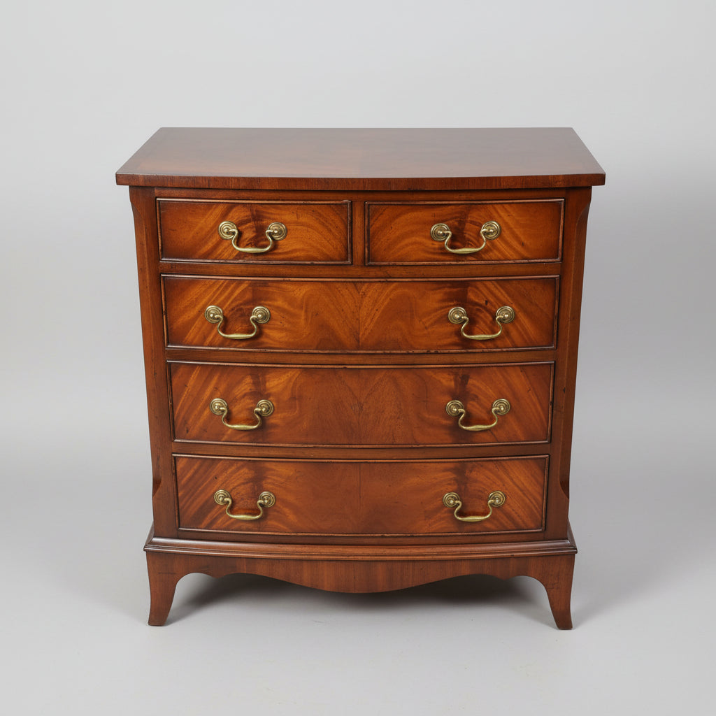[Pre-Order] Georgian style, quality, small bowfron chest of drawers raised on splay bracket feet.