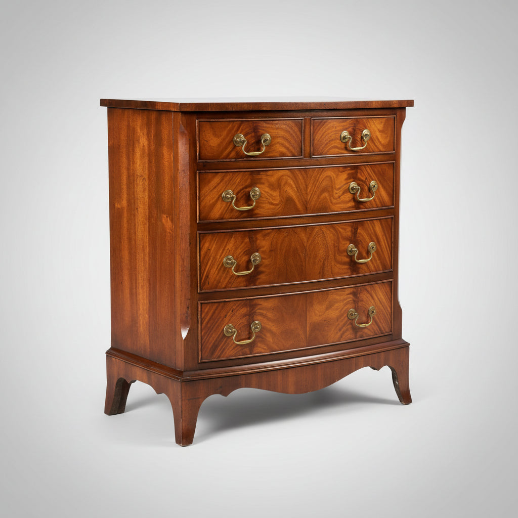 [Pre-Order] Georgian style, quality, small bowfron chest of drawers raised on splay bracket feet.